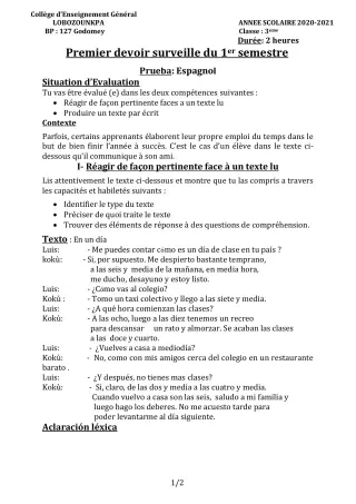 Première page de Espagnol 3e ML — 1er devoir surveillé, 1er semestre (2020-2021) · CEG Lobozounkpa