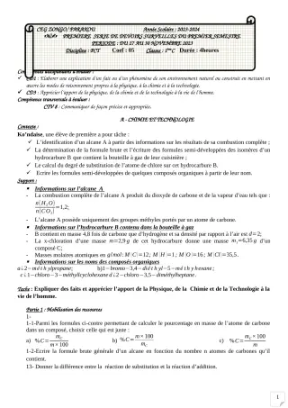 Première page de PCT 1ère C — 1er devoir surveillé, 1er semestre (2023-2024) · CEG ZONGO