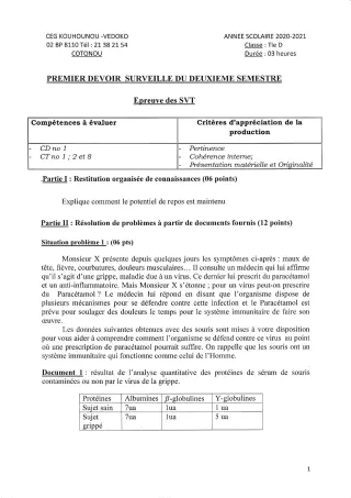 Première page de SVT Tle D — 1er devoir surveillé, 2e semestre (2020-2021) · CEG Kouhounou-Vêdoko