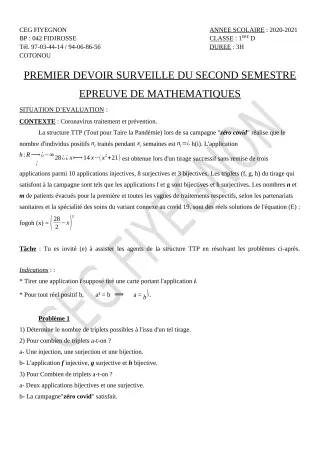 Première page de Mathématiques 1ère D — 1er devoir surveillé, 2e semestre (2020-2021) · CEG FIYEGNON