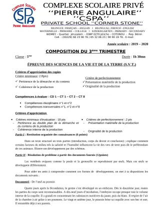 Première page de SVT 5e — Composition, 3e trimestre (2019-2020) · CPEG PIERRE ANGULAIRE