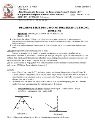 Première page de PCT 5e — 2e devoir surveillé, 2e semestre (2018-2019) · CEG Sainte Rita