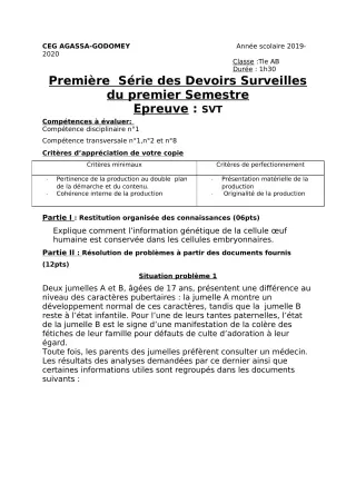Première page de SVT Tle A1, Tle A2, Tle B — 1er devoir surveillé, 1er semestre (2019-2020) · CEG Agassa Godomey