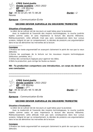 Première page de Français 3e, 2nde A2, 2nde B, 2nde C, 2nde D — 2e devoir surveillé, 2e trimestre (2021-2022) · CPEG SAINT Justin