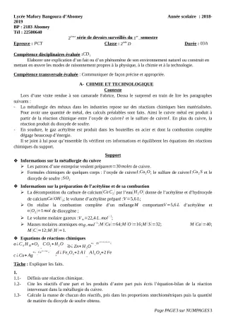 Première page de PCT 2nde D — Devoir surveillé, 1er semestre (2018-2019) · Lycée Houegbadja d'Abomey (Ex Mafory Bangoura)