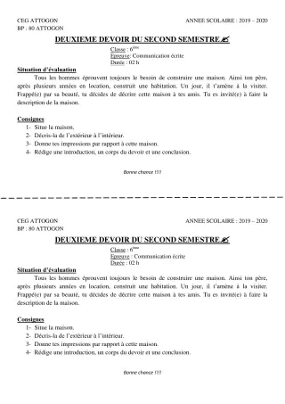 Première page de Français 6e — 2e devoir surveillé, 2e semestre (2019-2020) · CEG Attogon