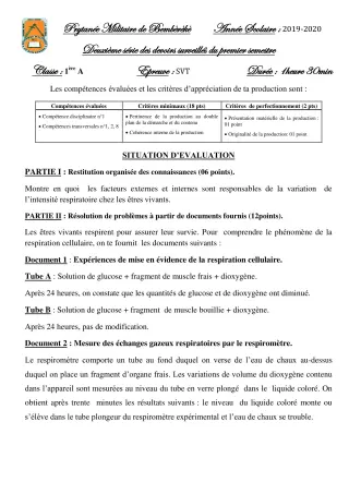 Première page de SVT 1ère A — 2e devoir surveillé, 1er semestre (2019-2020) · PMB