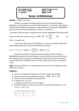 Première page de Mathématiques 2nde A & B — 2e devoir surveillé, 1er semestre (2023-2024) · CEG2 ABOMEY - CALAVI (CEG ZOCA)