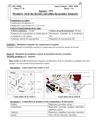 Première page de SVT 1ère D — 1er devoir surveillé, 1er semestre (2019-2020) · CEG SORI