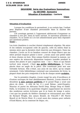 Première page de Français 3e — 2e évaluation sommative, 2e semestre (2018-2019) · CEG Kpanroun