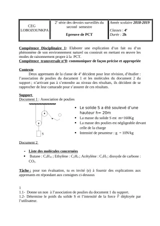 Première page de PCT 4e — 2e devoir surveillé, 2e semestre (2018-2019) · CEG Lobozounkpa
