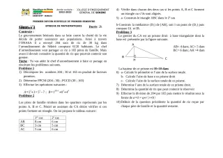 Première page de Mathématiques 5e — 1er devoir surveillé, 1er semestre (2022-2023) · CEG SEKERE