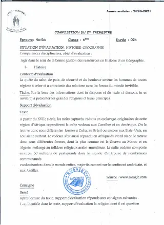 Première page de Histoire-Géographie 6e — 1re composition (2020-2021) · CPEG ROSAIRE