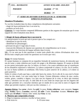 Première page de Espagnol 4e ML — 1er devoir surveillé, 2e semestre (2018-2019) · CEG Banikanni