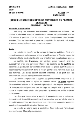 Première page de Français 4e, 4e ML — 2e devoir surveillé, 1er semestre (2018-2019) · CEG PAHOU