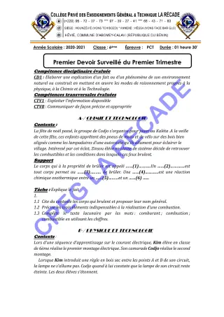 Première page de PCT 6e, 5e, 4e, 3e, 2nde D, 1ère D, Tle D — 1er devoir surveillé, 1er trimestre (2020-2021) · CPEG LA RECADE