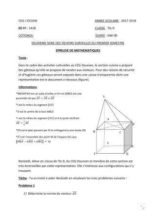 Première page de Mathématiques Tle C, Tle D — 2e devoir surveillé, 1er semestre (2017-2018) · CEG l'Océan