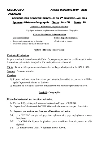 Première page de Histoire-Géographie 2nde C, 2nde D, 1ère C, 1ère D — 2e devoir surveillé, 1er semestre (2019-2020) · CEG ZOGBO