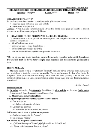 Première page de Espagnol 4e — 2e devoir surveillé, 1er semestre (2020-2021) · CEG 2 Djougou