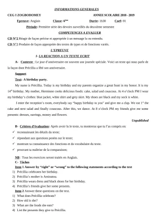 Première page de Anglais 6e, 5e, 4e, 4e ML, 3e, 3e ML, 2nde A & B, 2nde C, 2nde D, 1ère A & B, 1ère C, 1ère D, Tle A & B, Tle C, Tle D — 1er devoir surveillé, 2e semestre (2018-2019) · CEG 1 ZOGBODOMEY