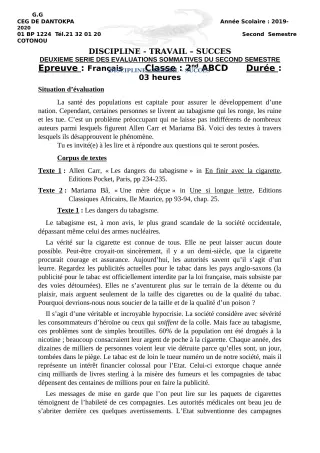 Première page de Français 2nde A1, 2nde B, 2nde C, 2nde D, 1ère A2, 1ère B, 1ère C, 1ère D, Tle A1, Tle A2, Tle B, Tle C, Tle D — 2e évaluation sommative, 2e semestre (2019-2020) · CEG Dantokpa