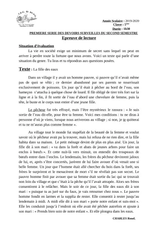 Première page de Français 5e — 1er devoir surveillé, 2e semestre (2019-2020) · CEG Sô-Ava