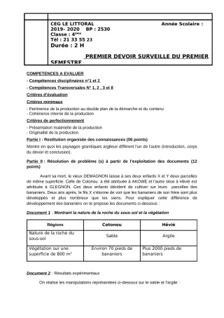 Première page de SVT 4e — 1er devoir surveillé (2019-2020) · CEG Le Littoral