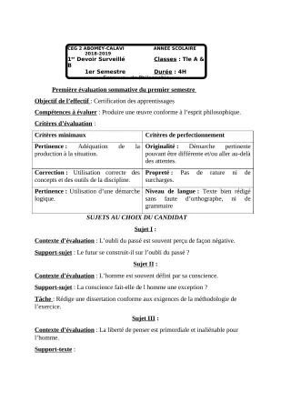 Première page de Philosophie Tle A1, Tle A2, Tle B — 1er devoir surveillé, 1er semestre (2018-2019) · CEG2 ABOMEY - CALAVI (CEG ZOCA)