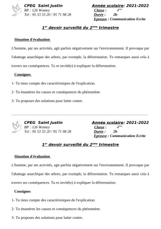 Première page de Français 4e, 4e ML, 1ère A1, 1ère A2, 1ère B, 1ère C, 1ère D — 1er devoir surveillé, 2e trimestre (2021-2022) · CPEG SAINT Justin