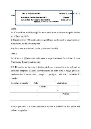 Première page de Histoire-Géographie 5e — 1er devoir surveillé, 2e semestre (2021-2022) · CEG2 ABOMEY - CALAVI (CEG ZOCA)