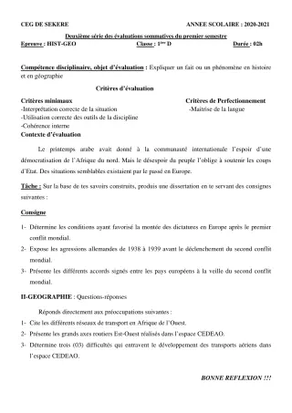 Première page de Histoire-Géographie 1ère D — 2e évaluation sommative, 1er semestre (2020-2021) · CEG SEKERE