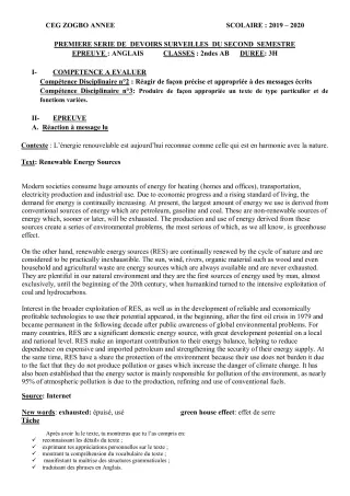 Première page de Anglais 2nde A, 2nde A1, 2nde A2, 2nde B — 1er devoir surveillé, 2e semestre (2019-2020) · CEG ZOGBO