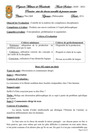 Première page de Philosophie Tle C, Tle D — 1er devoir surveillé, 1er semestre (2020-2021) · PMB