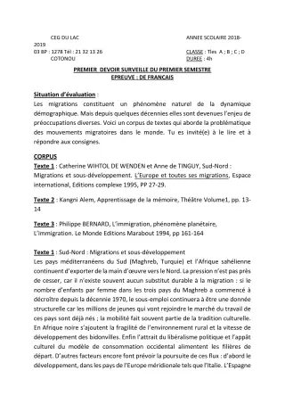 Première page de Français Tle A2, Tle B, Tle C, Tle D — 1er devoir surveillé, 1er semestre (2018-2019) · CEG du Lac
