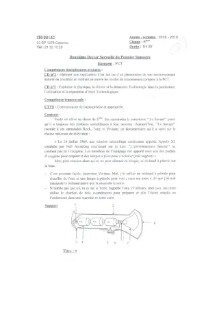 Première page de PCT 6e — 2e devoir surveillé, 1er semestre (2018-2019) · CEG du Lac