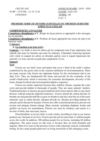 Première page de Anglais 2nde C, 2nde D — 1er devoir surveillé, 1er semestre (2019-2020) · CEG du Lac