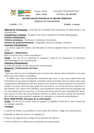 Première page de Philosophie 1ère D — 2e devoir surveillé, 2e semestre (2021-2022) · CEG SEKERE