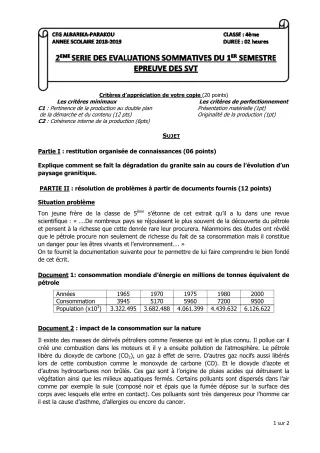 Première page de SVT 4e, 4e ML — Évaluation sommative, 1er semestre (2018-2019) · CEG Albarika