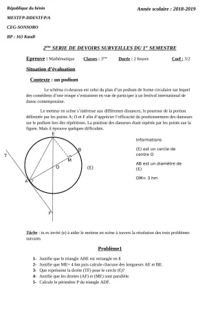 Première page de Mathématiques 3e ML — 2e devoir surveillé, 1er semestre (2018-2019) · CEG SONSORO