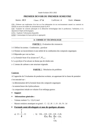 Première page de PCT 1ère C, 1ère D — Production scolaire, 1er semestre (2021-2022) · CEG PAHOU