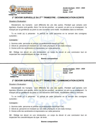 Première page de Français 5e — 1er devoir surveillé, 2e trimestre (2019-2020) · CPEG LE PHARAON