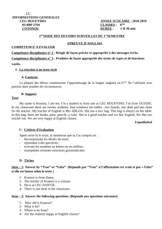 Première page de Anglais 6e, 5e, 4e ML&MC, 3e, 3e ML, 2nde A & B, 2nde C, 2nde D, 1ère A, 1ère B, 1ère C, 1ère D, Tle A1, Tle A2, Tle B, Tle C, Tle D — Devoir surveillé (2018-2019) · CEG HOUEYIHO
