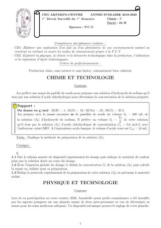 Première page de PCT 3e — 1er devoir surveillé, 1er semestre (2019-2020) · CEG 1 Akpakpa-Centre