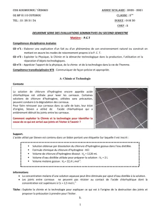 Première page de PCT 5e — 2e évaluation sommative, 2e semestre (2020-2021) · CEG Kouhounou-Vêdoko