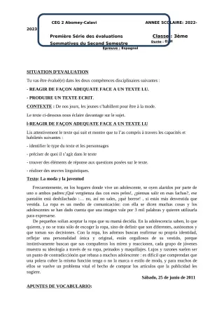 Première page de Espagnol 3e — 1re évaluation sommative, 2e semestre (2022-2023) · CEG2 ABOMEY - CALAVI (CEG ZOCA)