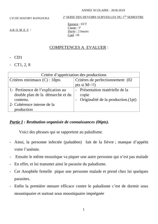 Première page de SVT 5e — 2e devoir surveillé, 1er semestre (2018-2019) · Lycée Houegbadja d'Abomey (Ex Mafory Bangoura)