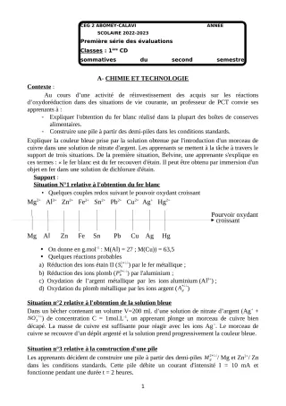 Première page de PCT 1ère C — 1re évaluation sommative, 2e semestre (2022-2023) · CEG2 ABOMEY - CALAVI (CEG ZOCA)