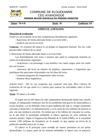Première page de Espagnol 2nde A2, 1ère A1, Tle A2 — 1er devoir surveillé, 1er semestre (2019-2020) · CEG AYAHOHOUE