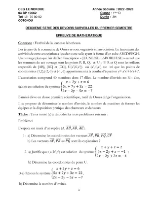 Première page de Mathématiques 1ère D — 2e devoir surveillé, 1er semestre (2022-2023) · CEG LE NOKOUE