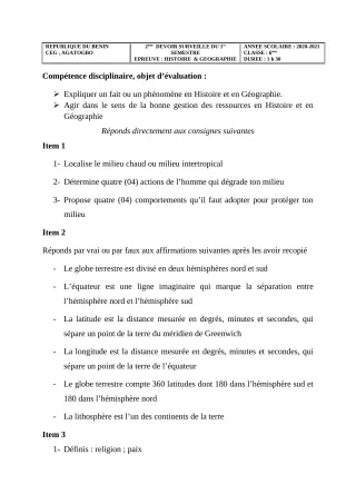 Première page de Histoire-Géographie 6e — 2e devoir surveillé, 1er semestre (2020-2021) · CEG 1 Agatogbo